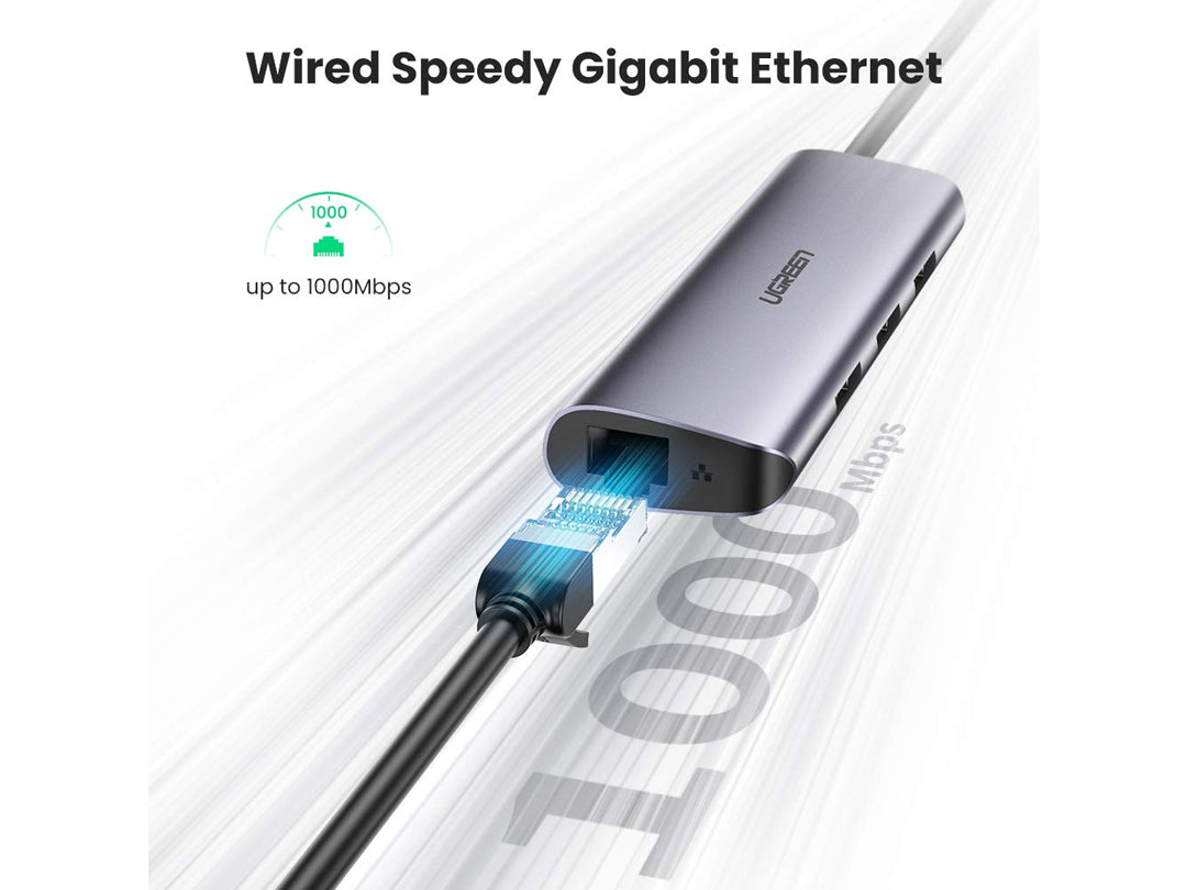 uGreen USB-C إلى RJ45 Gigabit Ethernet + 3 x USB 3.0 Hub + 1 Micro USB 5V للشحن uGreen USB-C إلى RJ45 Gigabit Ethernet + 3 x USB 3.0 Hub + 1 Micro USB 5V للشحن
